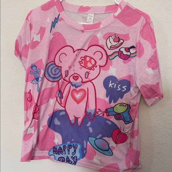 ROMWE Pink and White Graphic anime Tee - Picture 2 of 6